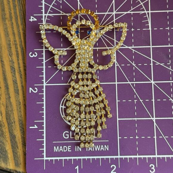 Vintage Angle Shaped Waterfall Dangle Fringe Rhinestones Brooch Pin Gold Toned - Picture 7 of 8